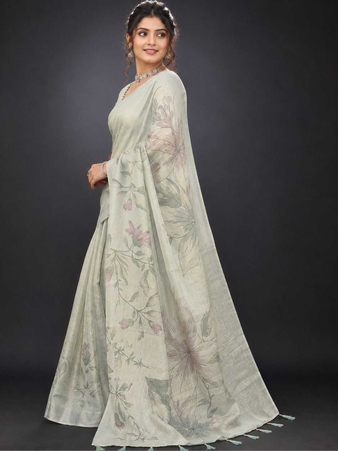 SAIYAMORI Floral Zari Pure Linen Saree