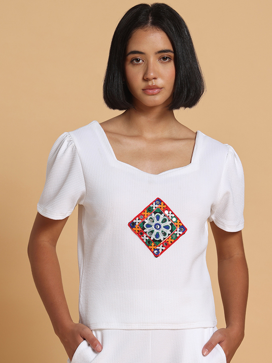 Frolic Rolic Embroidered Patch Work Polyester Sweetheart Neck Top