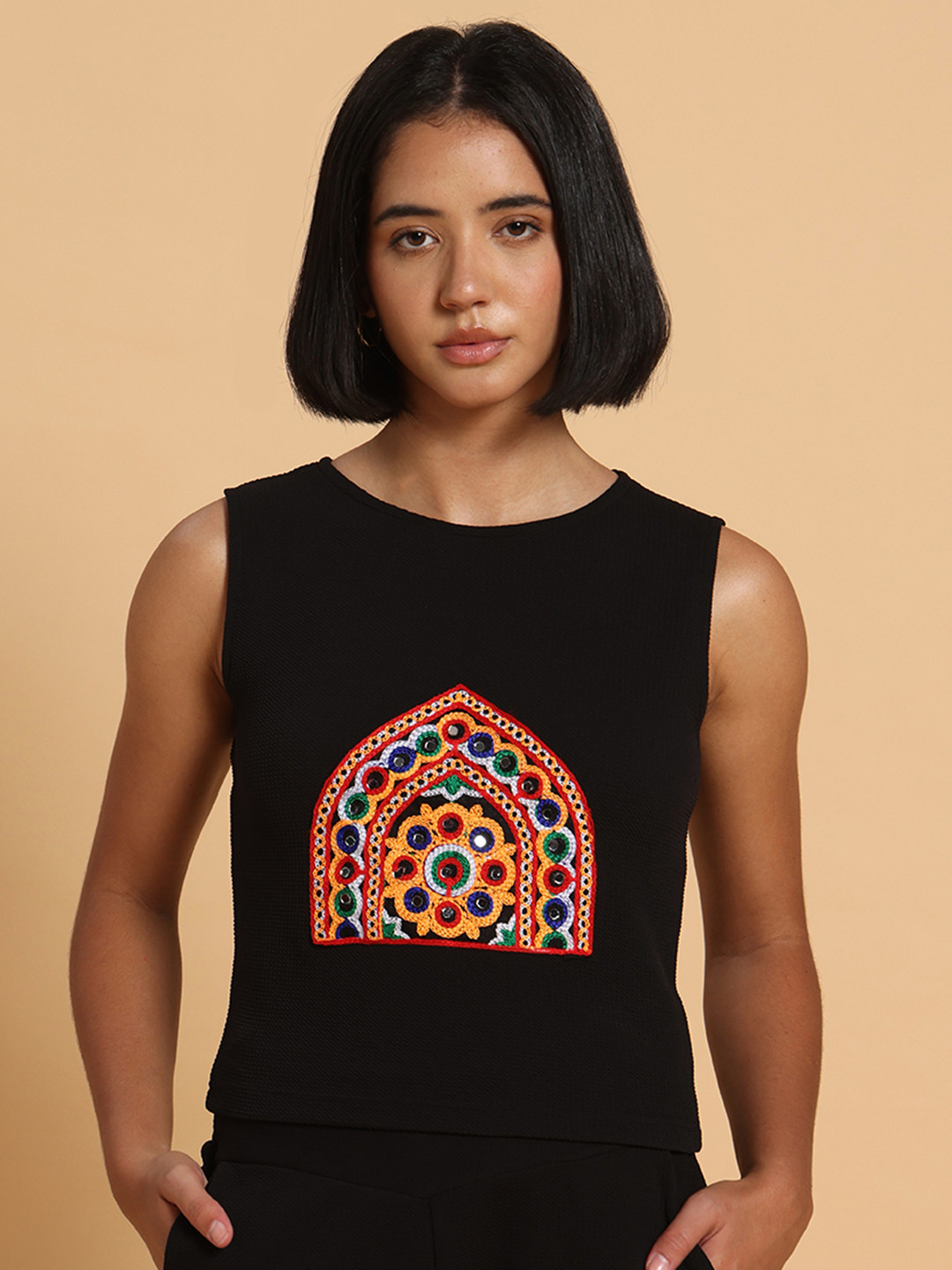 Frolic Rolic Embroidered Patch Work Polyester Round Neck Top