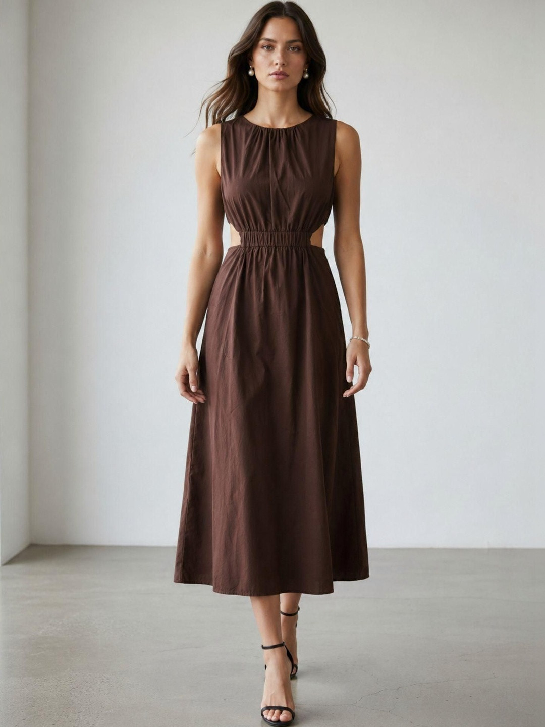 Virgio Solid Cotton Round Neck Sleeveless Dress for women