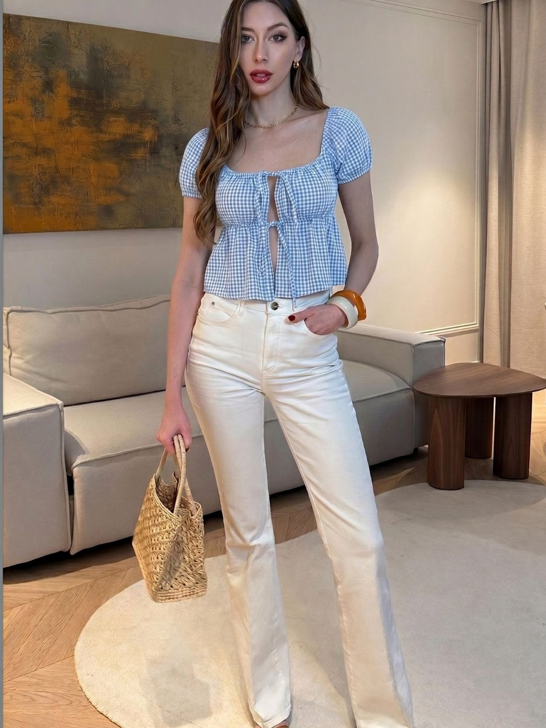 Quintessentials Women Sky Blue Checkered Puff Sleeve Square Neck Front Tie-Up Casual Top