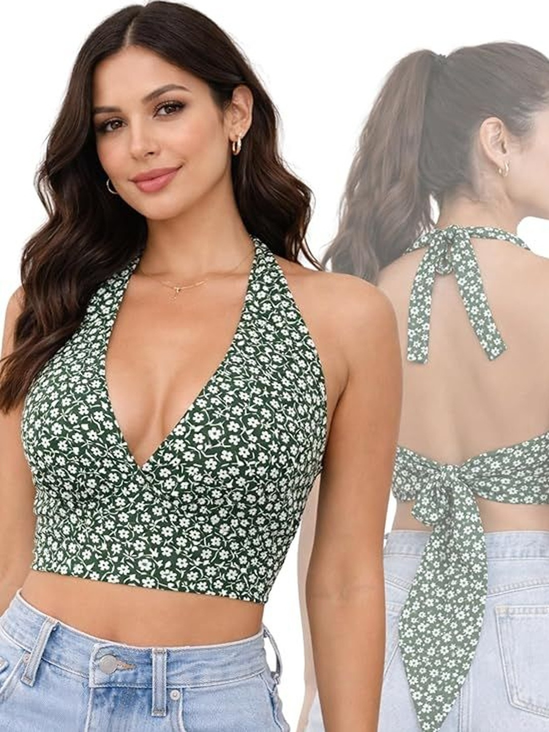 BODYFIGURE Floral Print Halter Neck Crepe Wrap Crop Top