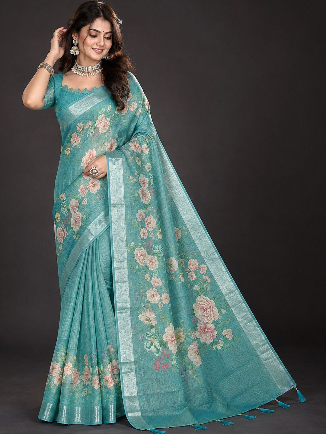 SAIYAMORI Floral Zari Pure Linen Fusion Saree