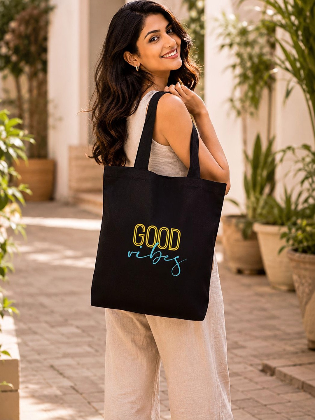 Doodle Eco-Friendly Reusable Cotton Good Vibes Blooms Canvas Zipper Tote Bag