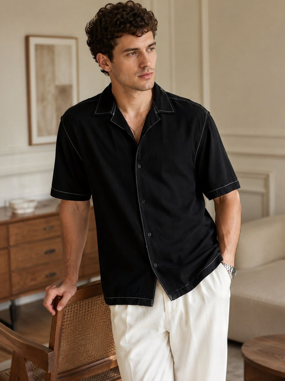 Eszett Spread Collar Short Sleeves Pure Cotton Shirt