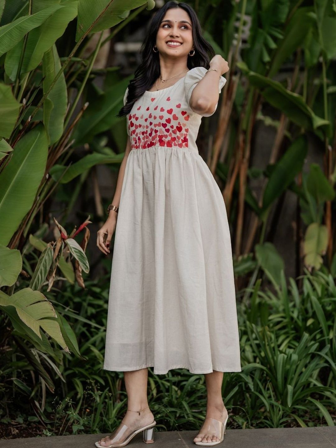 HAY Print Puff Sleeve A-Line Midi Dress