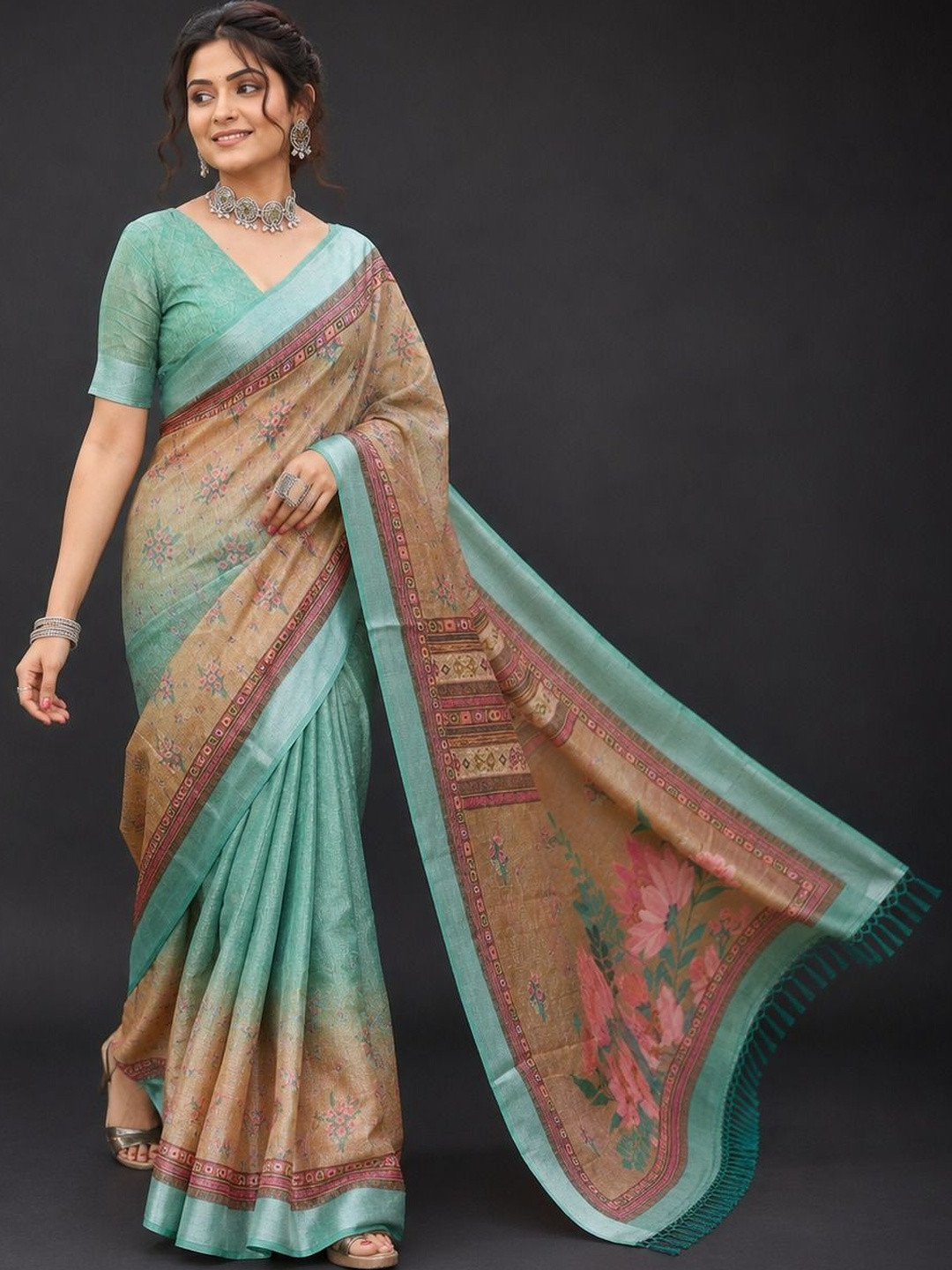 SAIYAMORI Floral Zari Pure Linen Saree