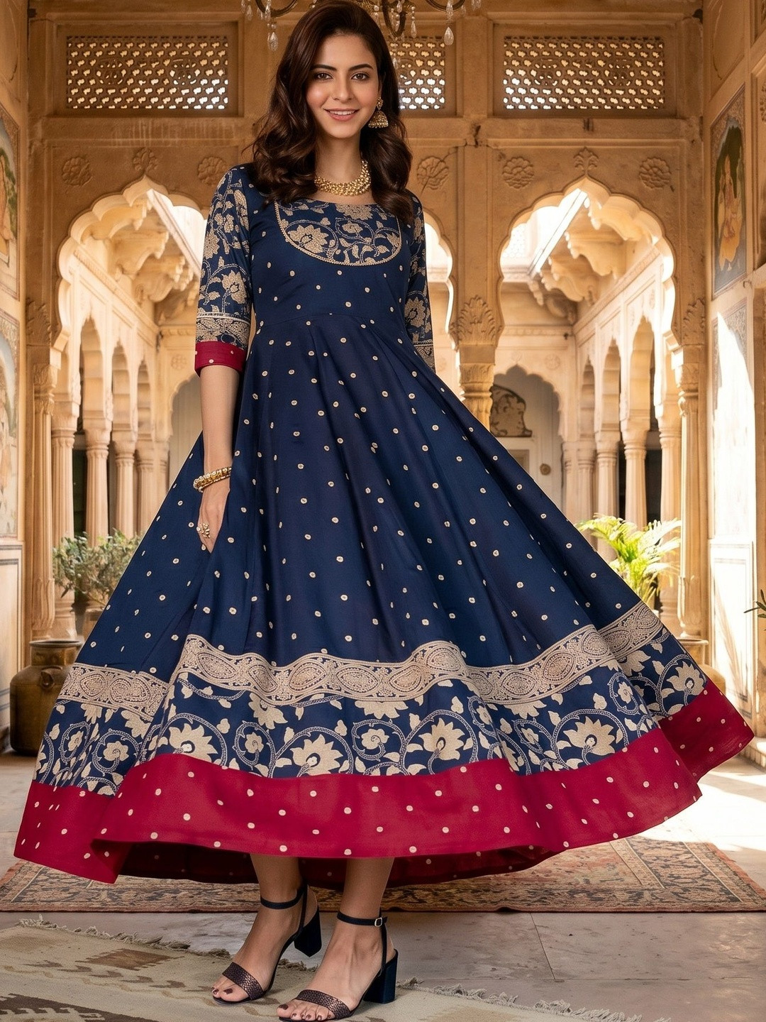 NWB Women Ethnic Motifs Printed Thread Work Anarkali Kurta