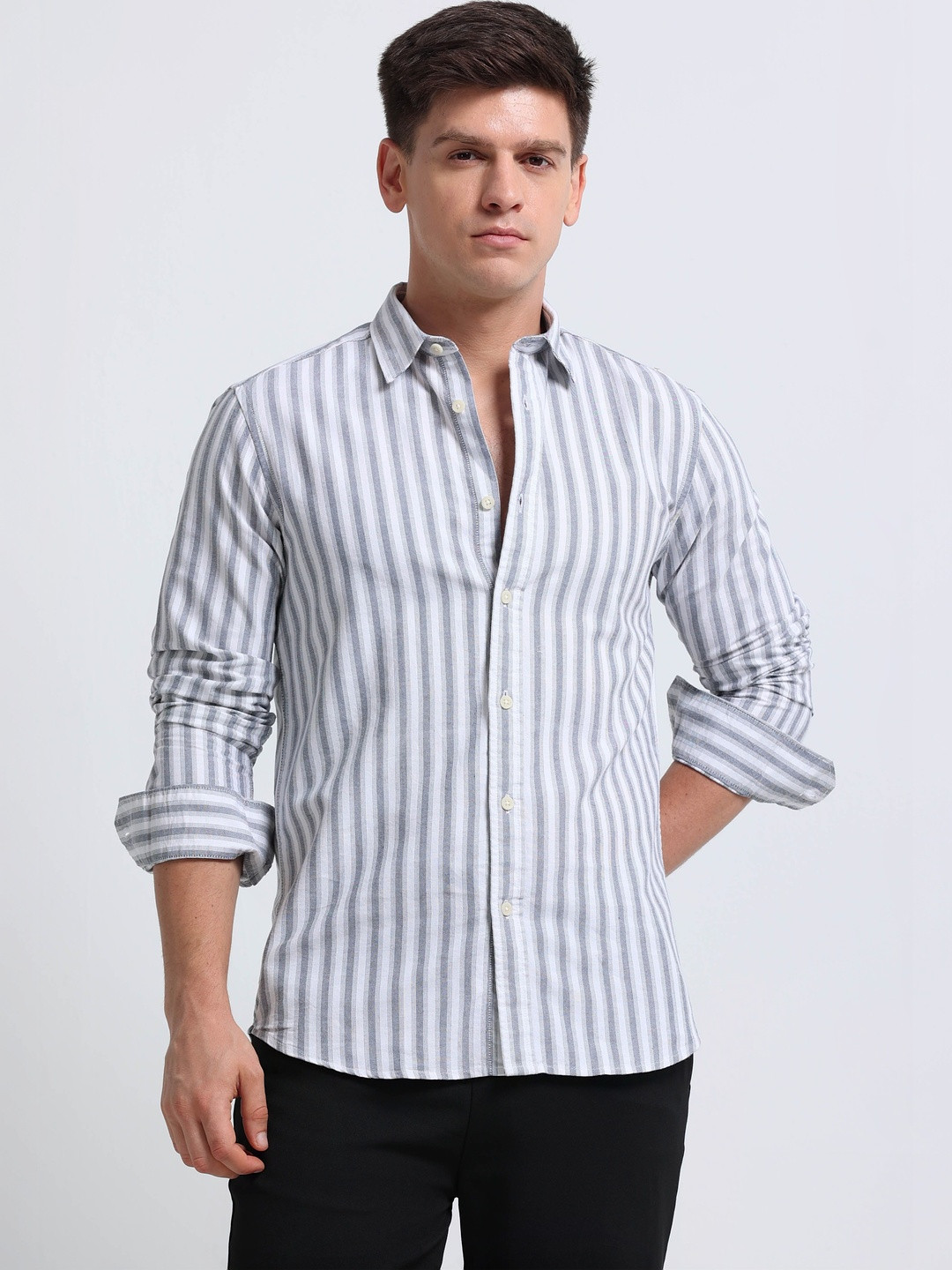 Blu MNKY Men Classic Slim Fit Striped Casual Shirt