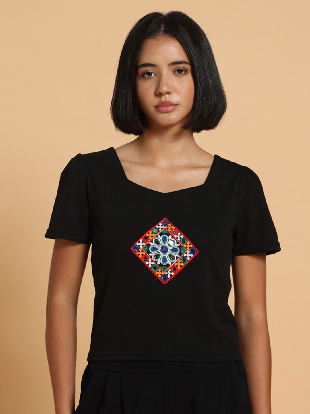 Frolic Rolic Embroidered Patch Work Polyester Sweetheart Neck Top