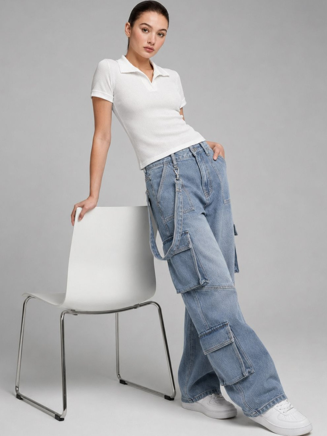 Friskers Textured Polo Collar Short Sleeve Crop Top