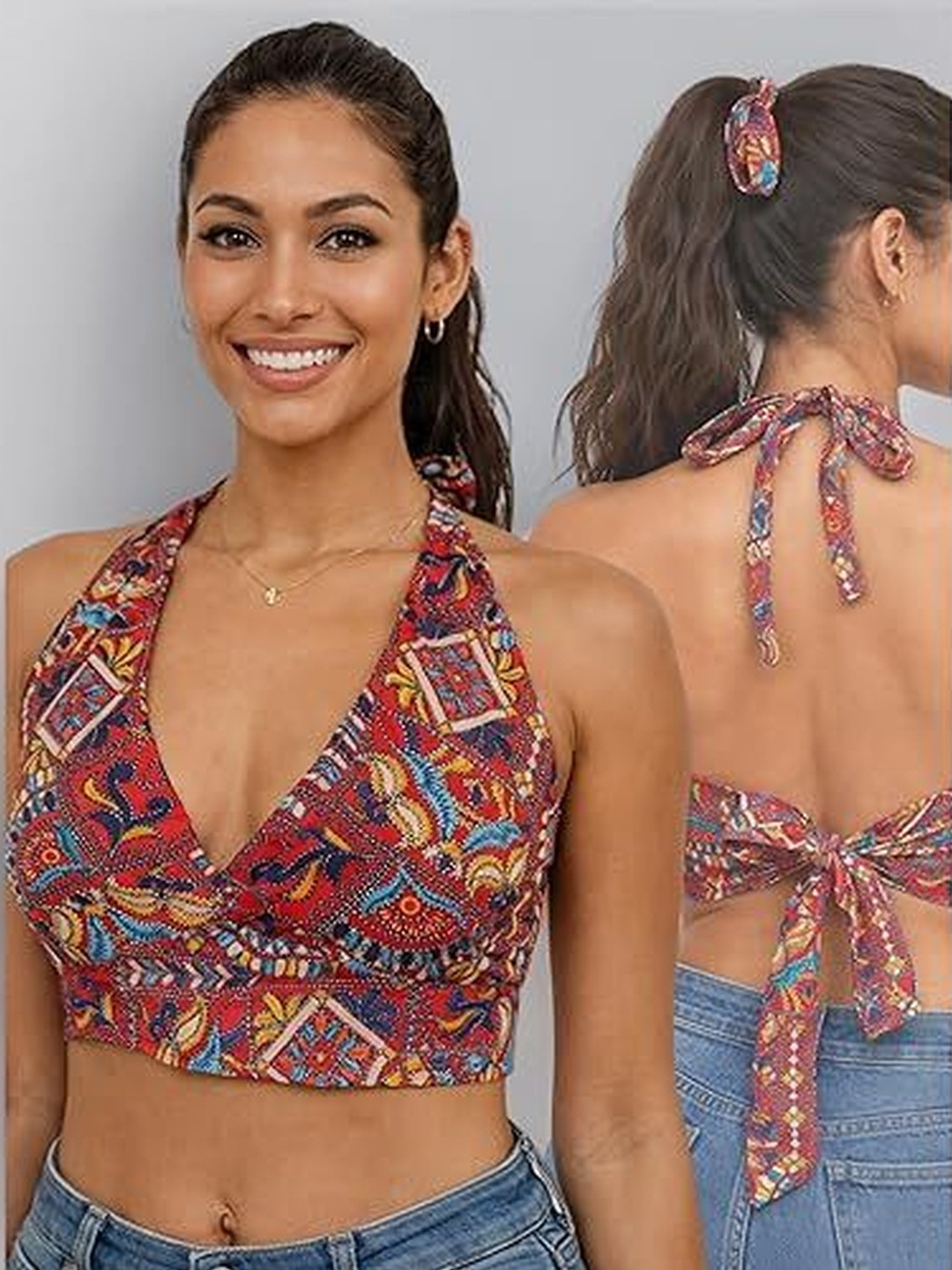 BODYFIGURE Print Halter Neck Ethnic Crepe Bralette Crop Top
