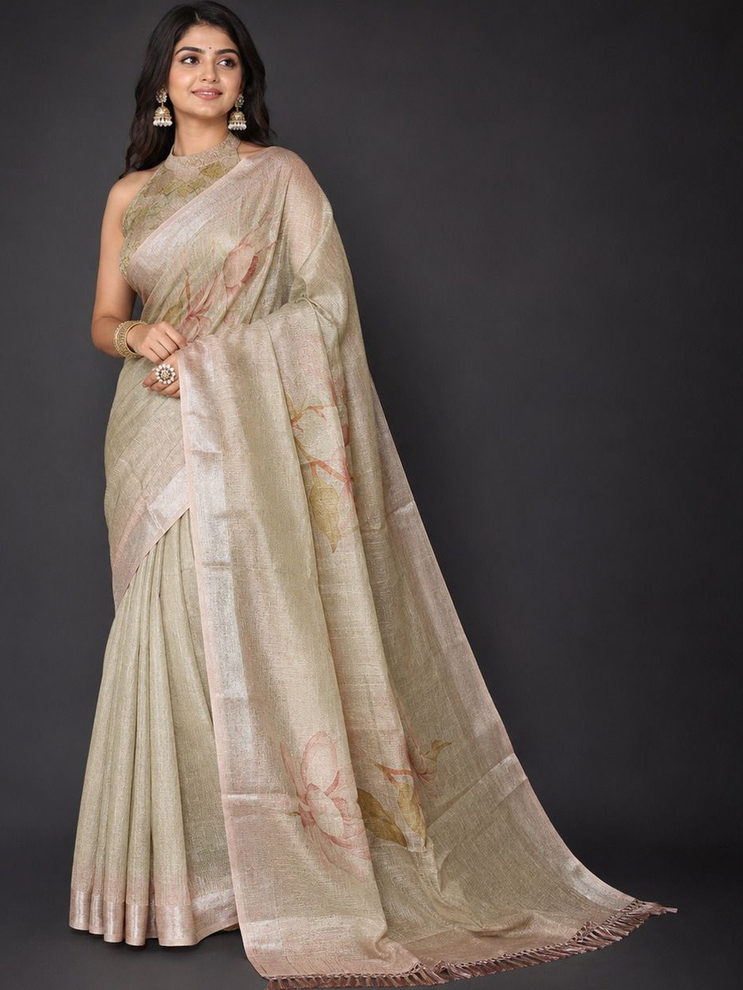 SAIYAMORI Floral Zari Pure Linen Saree