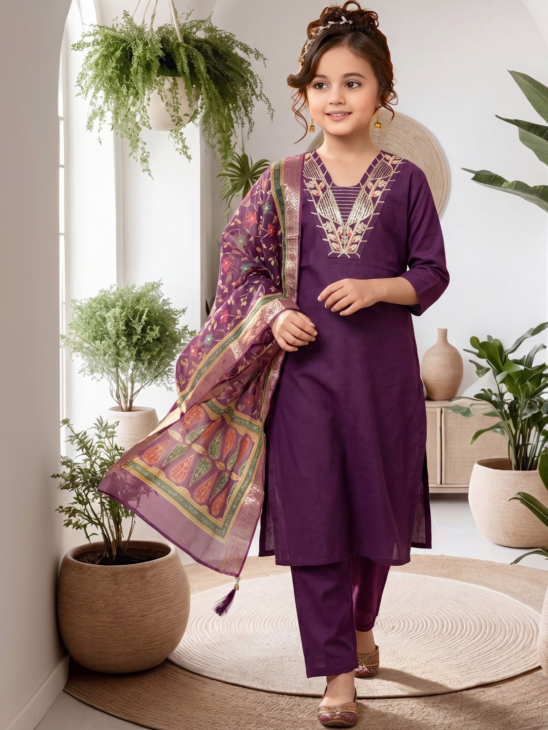 2ni8 lifestyle Girls Ethnic Motifs Embroidered Regular Thread Work Kurta with Trousers & With Dupatta