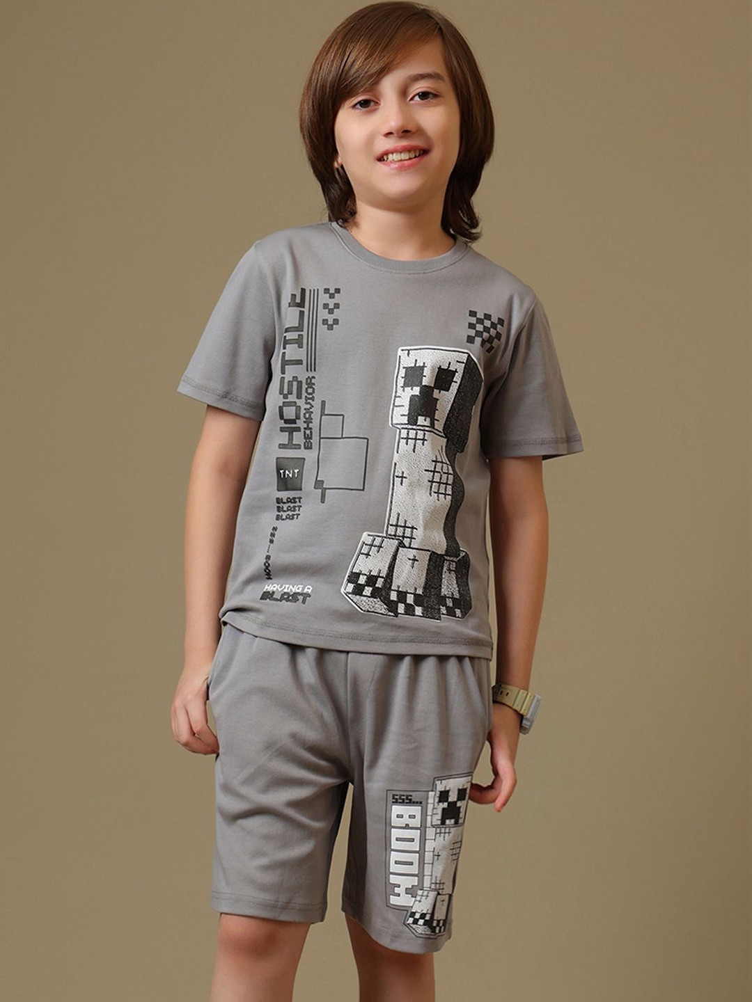 Kids Ville Boys Minecraft Printed Interlock Cotton T-shirt & Shorts Set