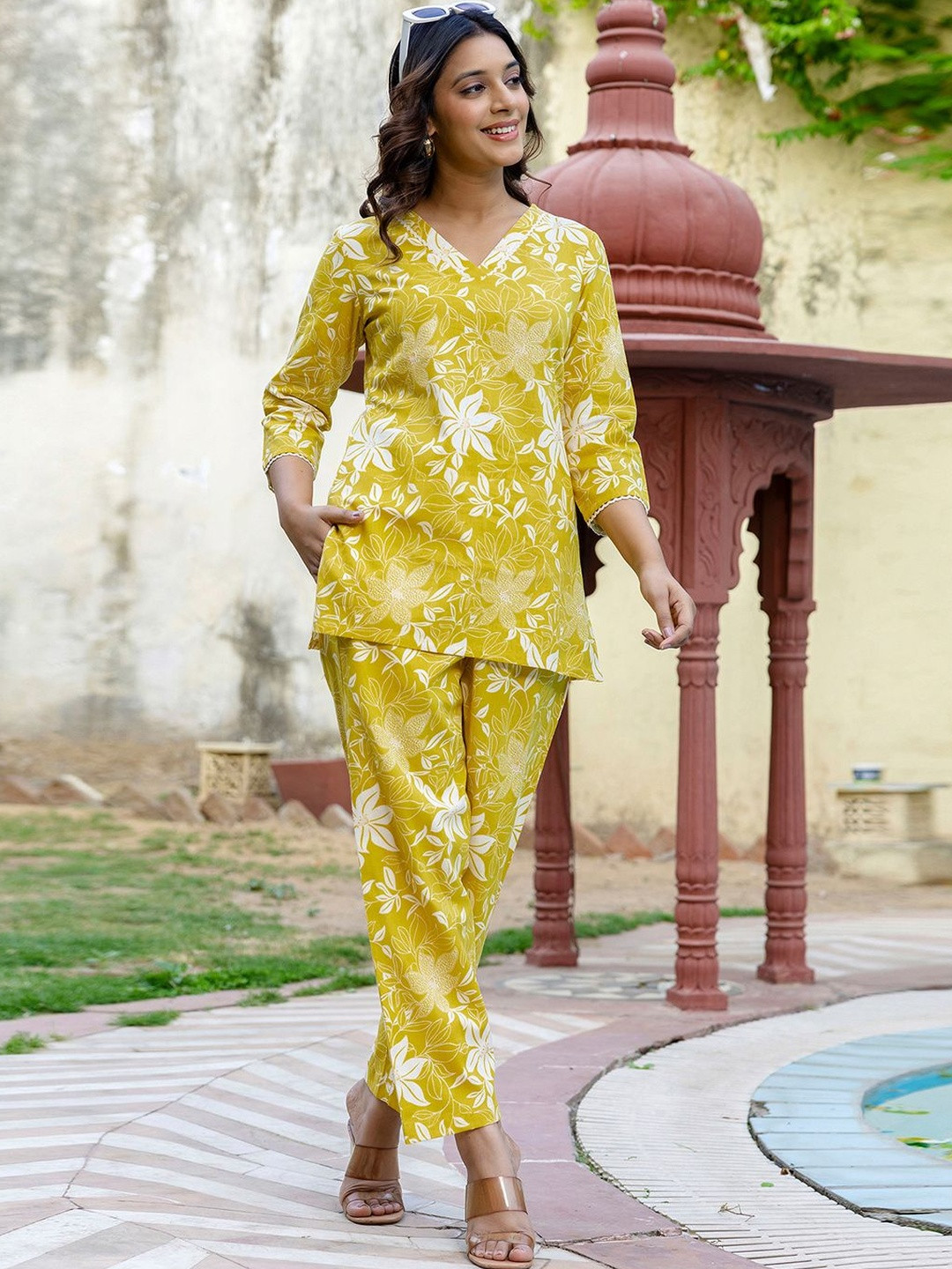 SKYLEE Printed Yellow Cotton Co Ords for Women