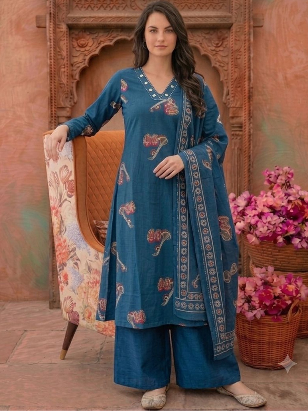Sangria Women Ethnic Motifs Printed Regular Pure Cotton Kurta with Trousers & With Dupatta