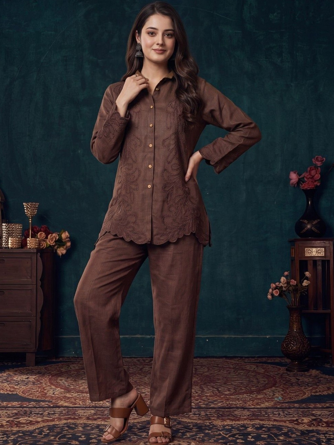 Indyanvastra Embroidered Shirt with Trousers