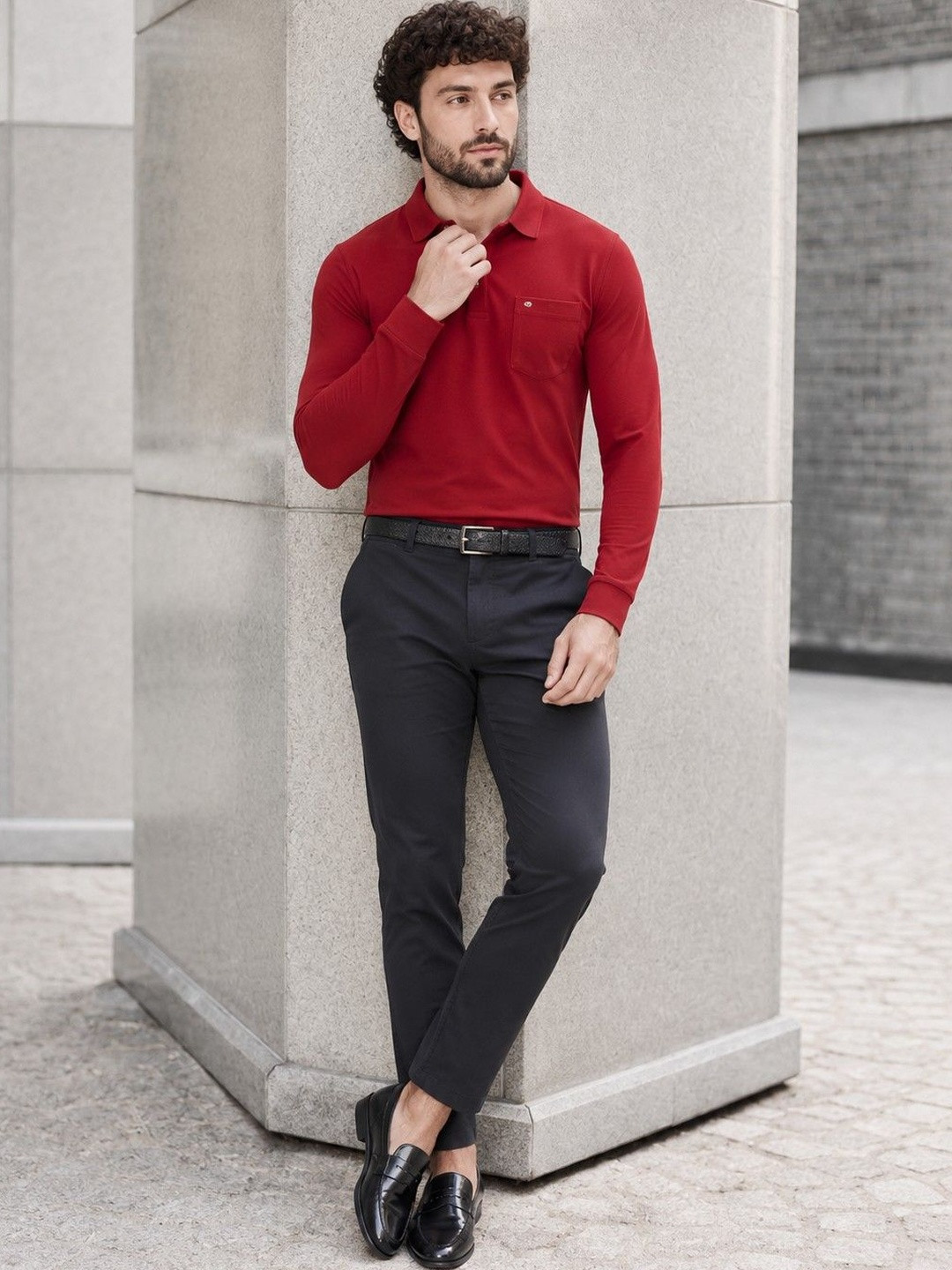 PRORIDERS Men Solid Maroon Regular Fit Full Sleeve Polo T-shirt