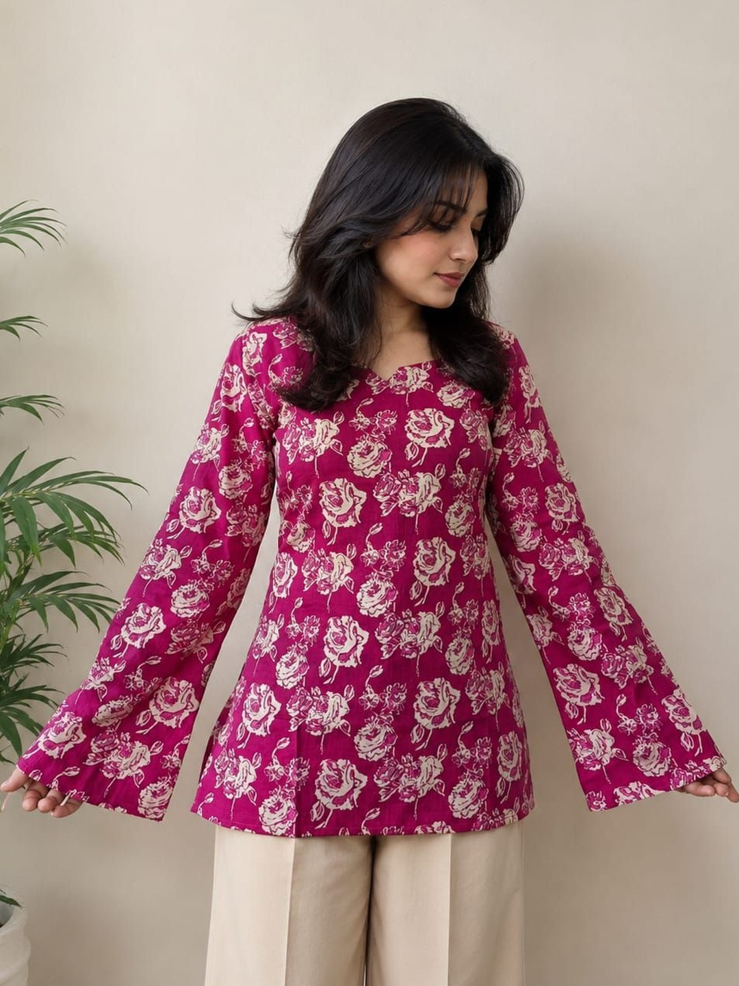 KURVEE Floral Printed Square Neck Flared Sleeves Pure Cotton Kurti