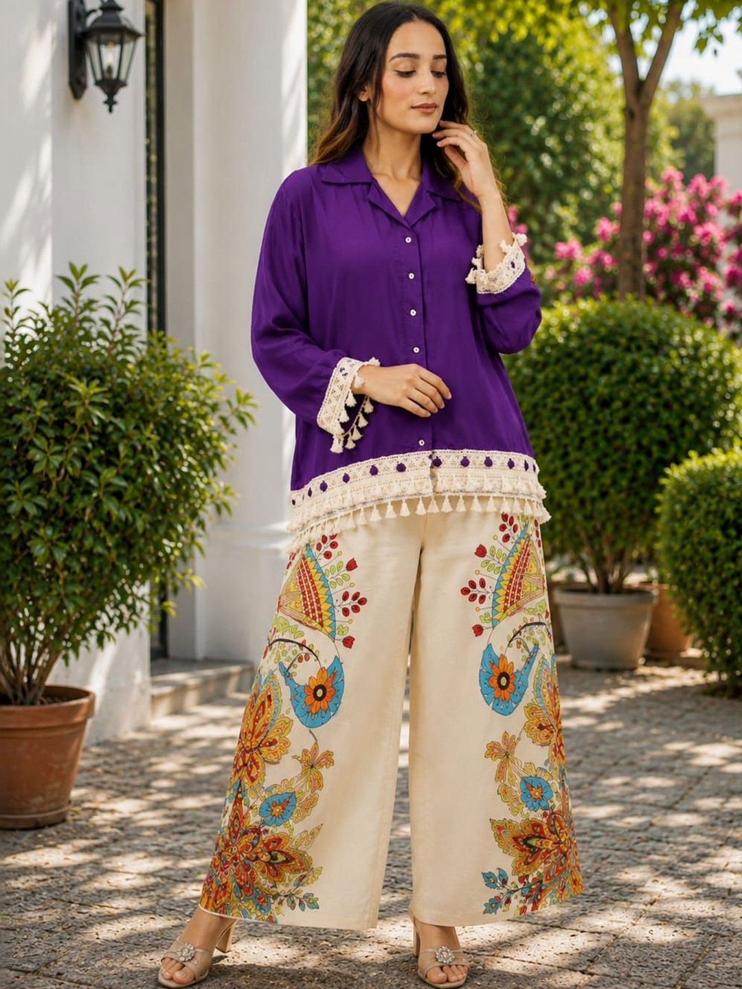 ROZLAND Ethnic Motifs Print Fringed A-Line Dress