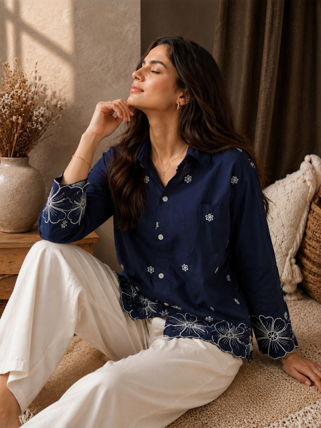 Tzelynn Women Floral Sheer Casual Shirt
