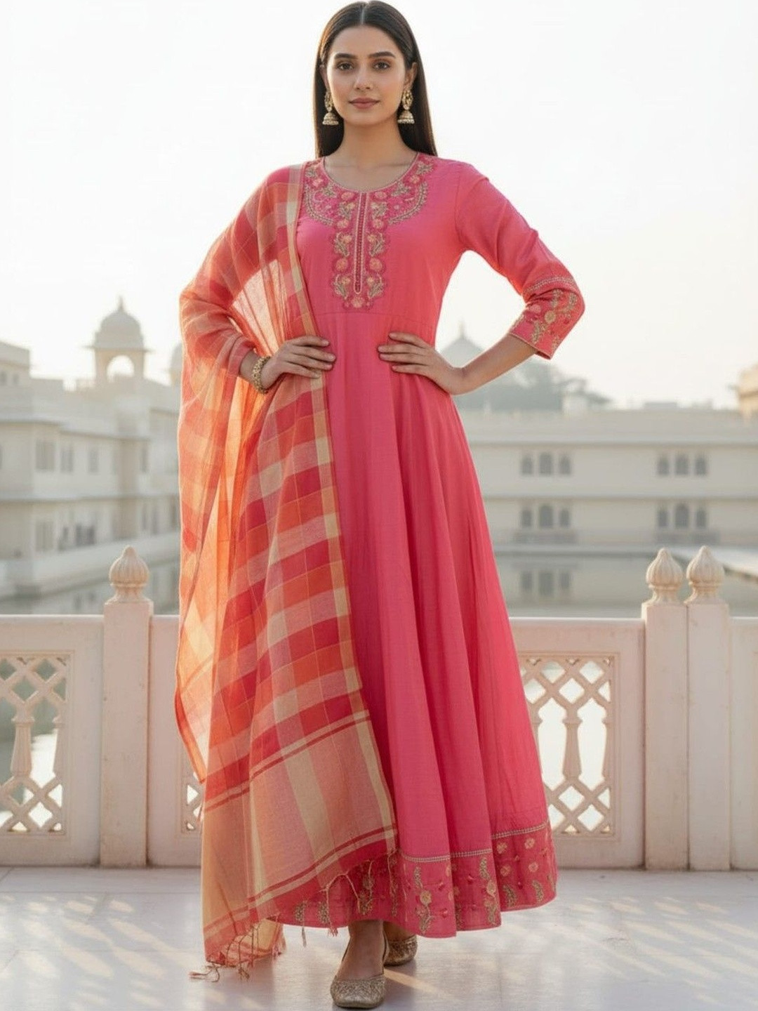 MISKI Floral Embroidered A-Line Maxi Dress