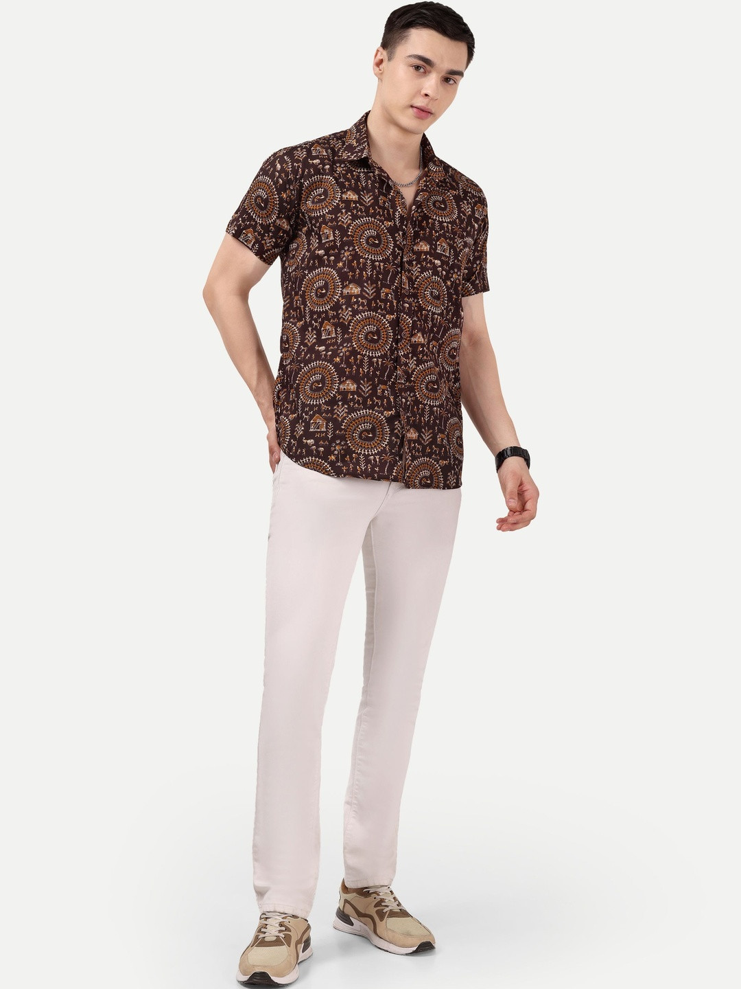 HERE&NOW Men Dark Brown & Cream Tribal Print Half Sleeve Casual Shirt