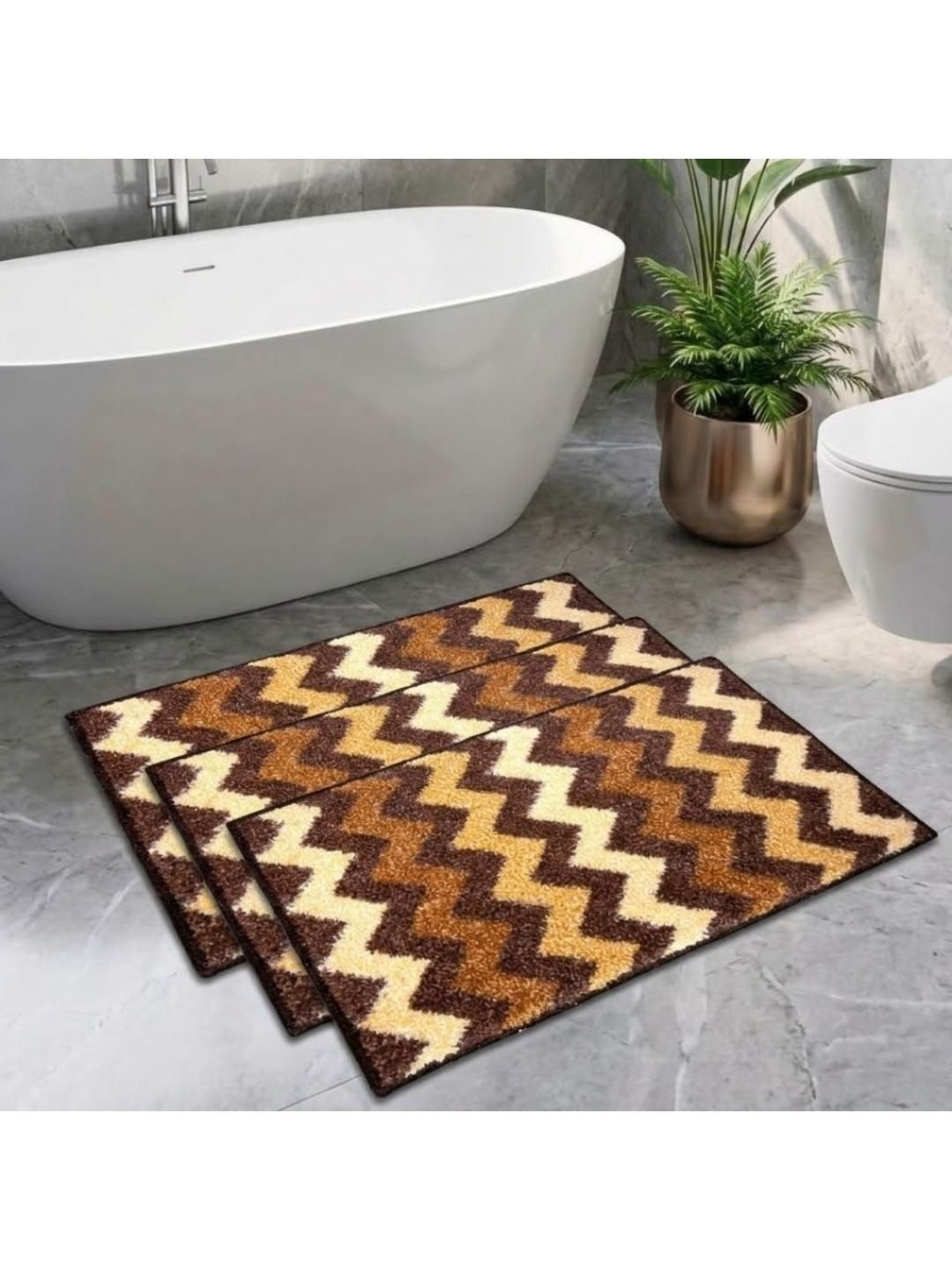 Athom Trendz Brown & Beige Set of 3 Printed Anti Slip Bathmats 58x38cm
