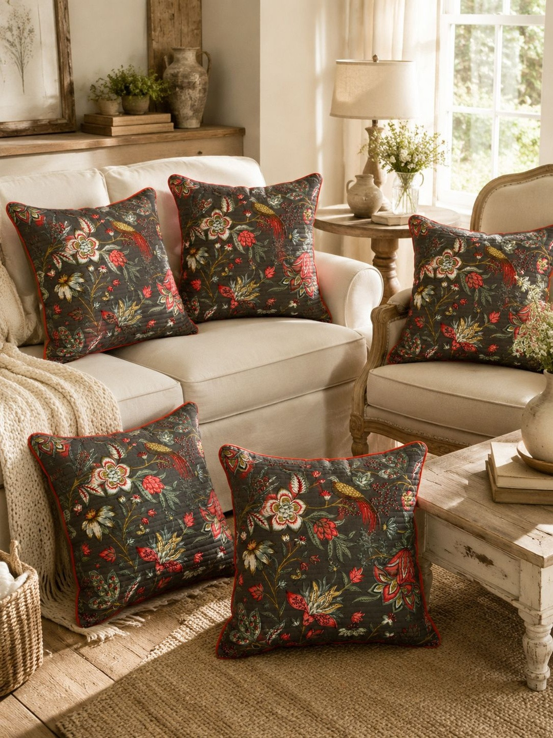 Clasiko Grey Floral Cotton Breathable 5 Piece Square Cushion Covers -12x12In