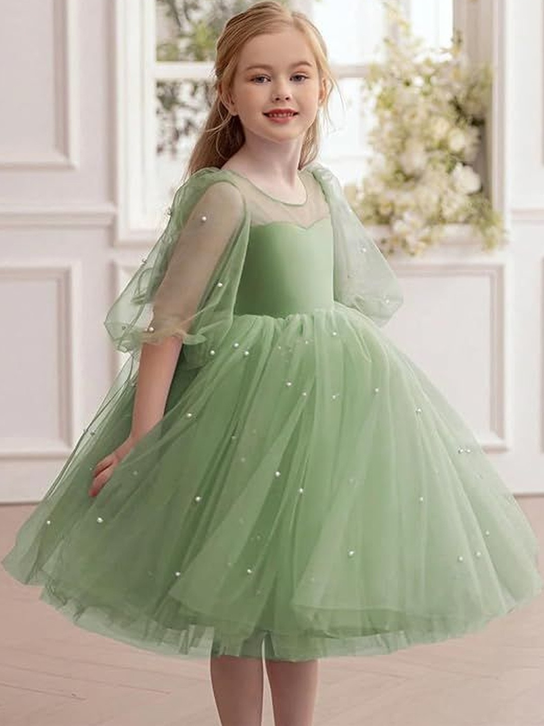 Dripteen Embellished Puff Sleeve Net A-Line Dress