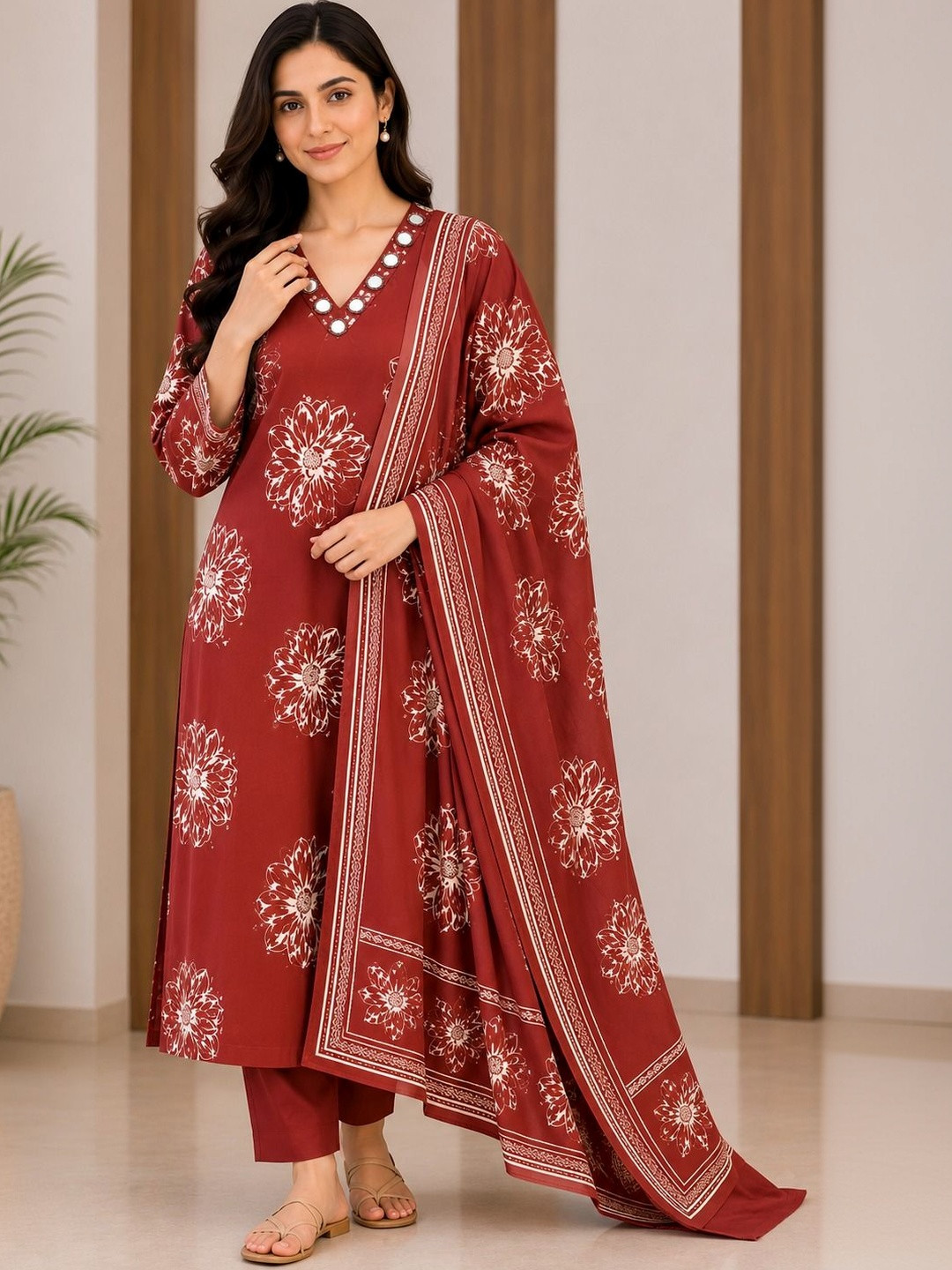 Sangria Women Floral Printed Regular Mirror Work Pure Cotton Kurta with Trousers & With Dupatta