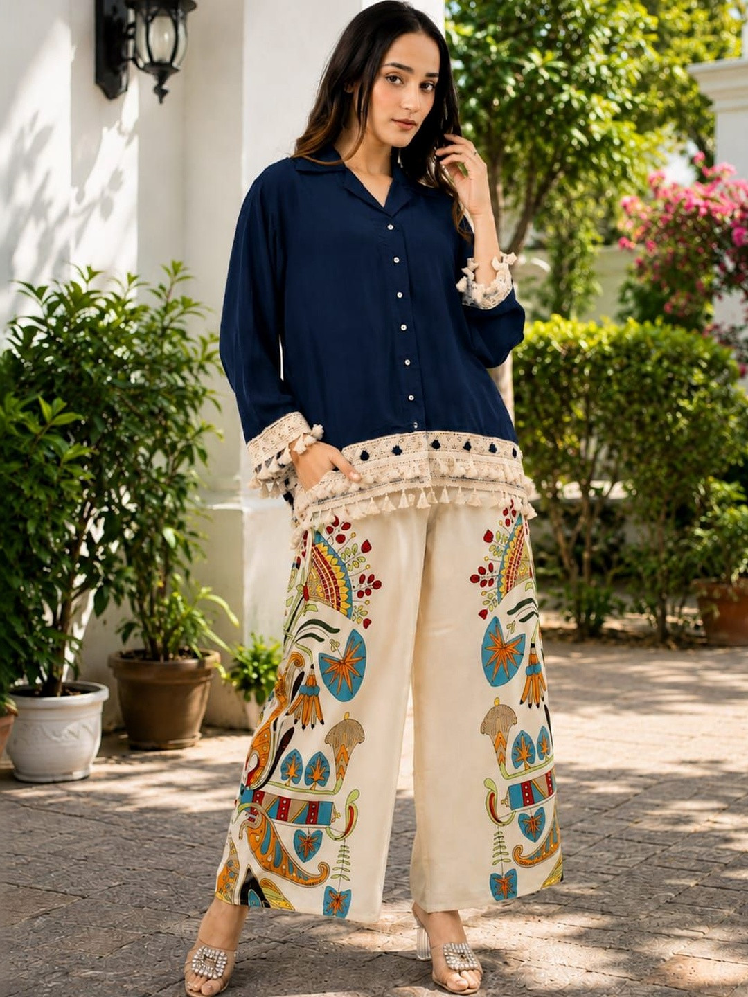 ROZLAND Ethnic Motifs Print Fringed A-Line Dress