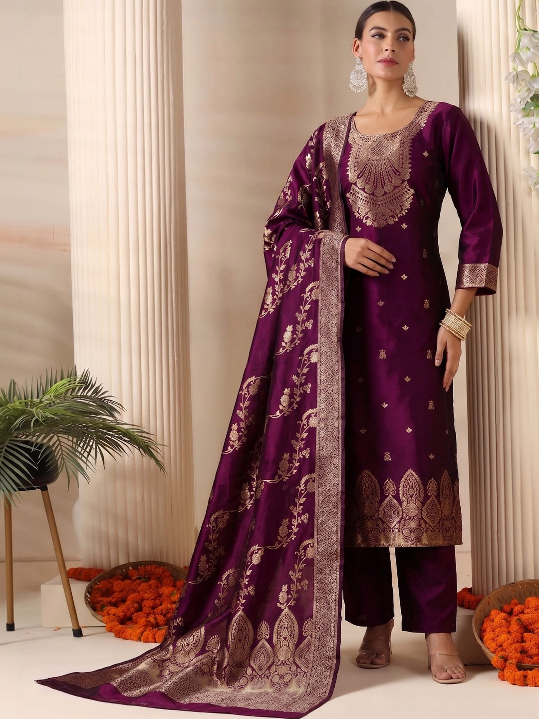 CROSET FASHION Women Ethnic Motifs Regular Pure Silk Kurta with Trousers & With Dupatta