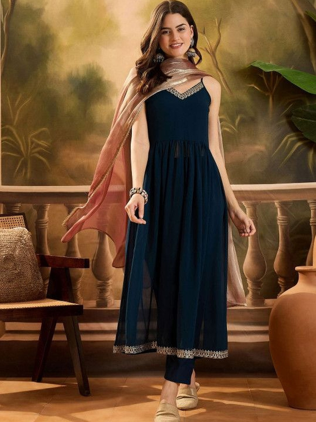 KROLIANT Women Empire Thread Work Kurta with Trousers & With Dupatta