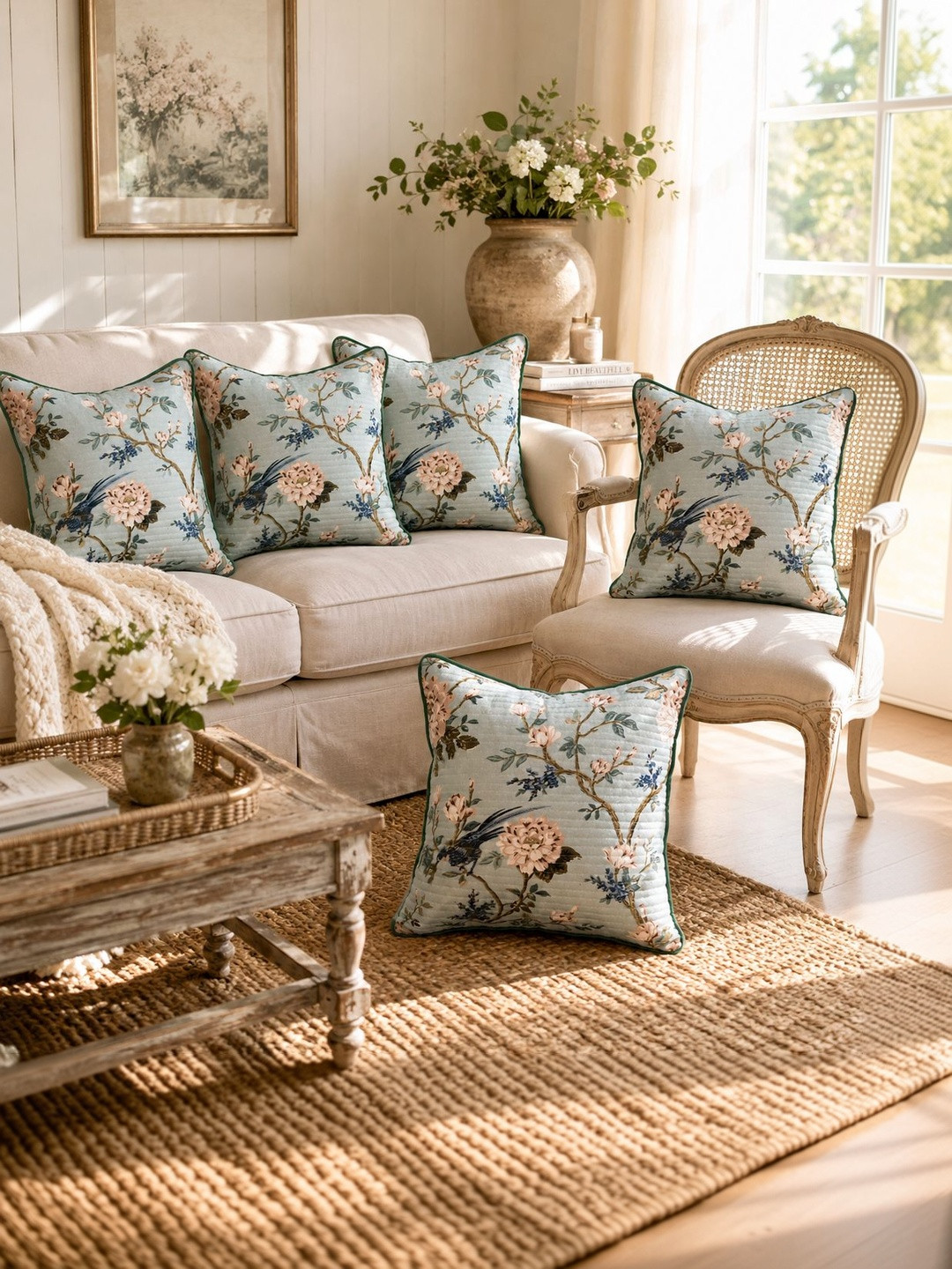 Clasiko Blue Floral Polyester Silk Breathable 5 Piece Square Cushion Covers -12x12In