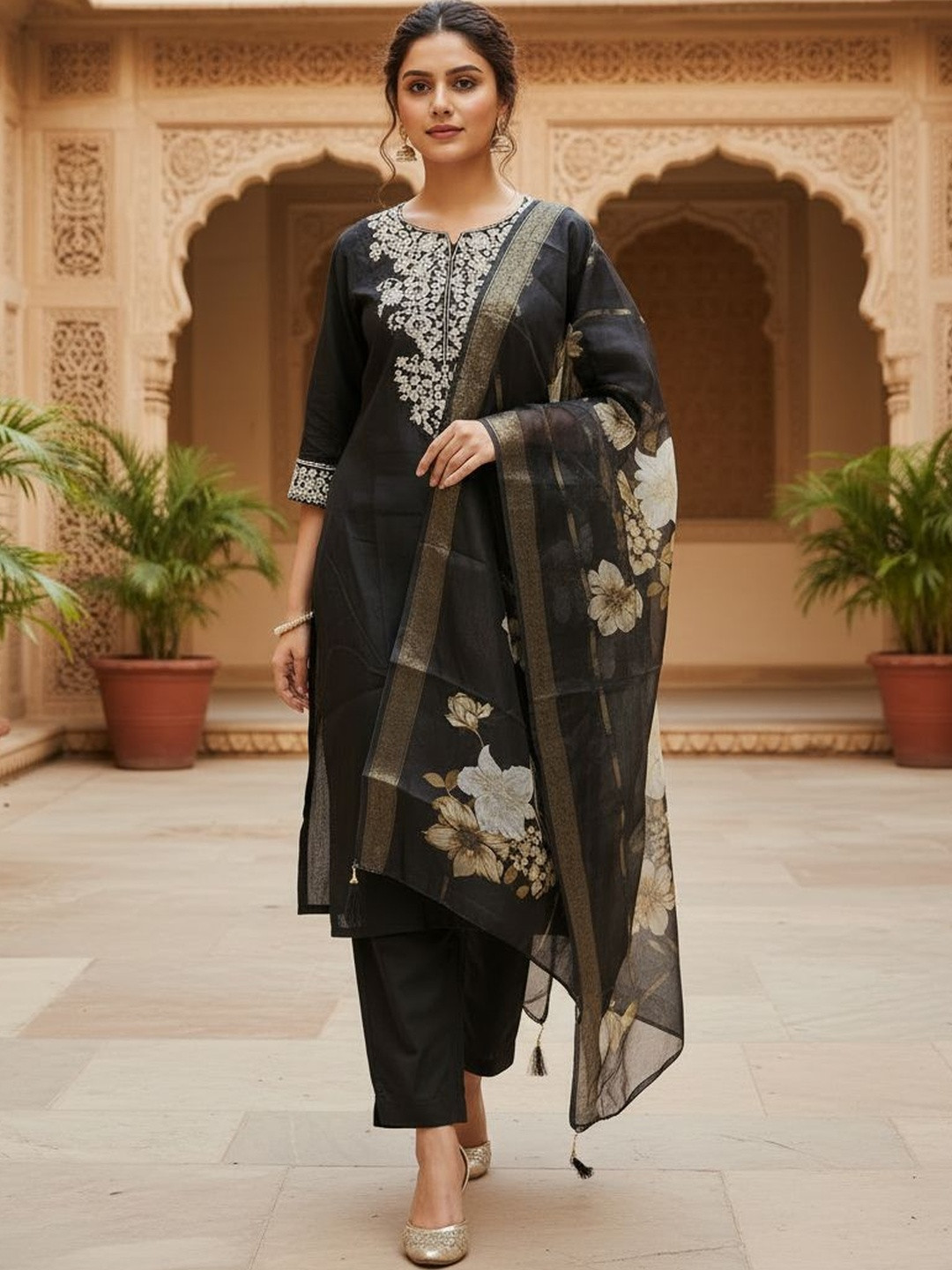 NNC-NEXT NOVA CLOTHES Women Ethnic Motifs Embroidered Regular Thread Work Kurta with Trousers & With Dupatta