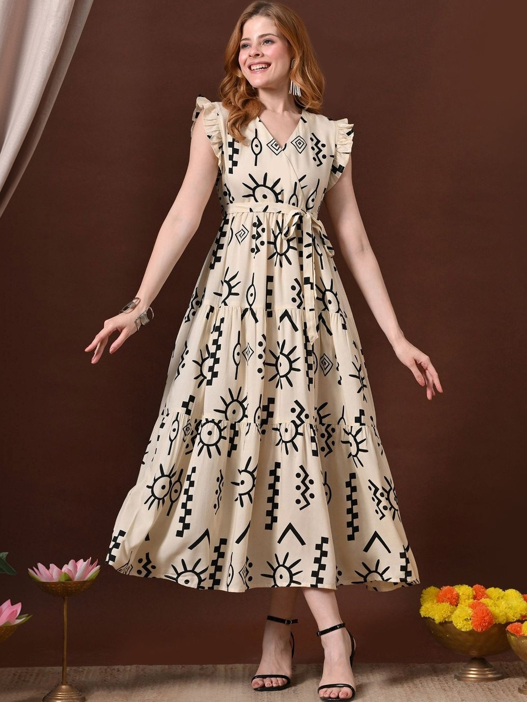 SANGOURI Ethnic Motifs Print Flutter Sleeve A-Line Midi Dress