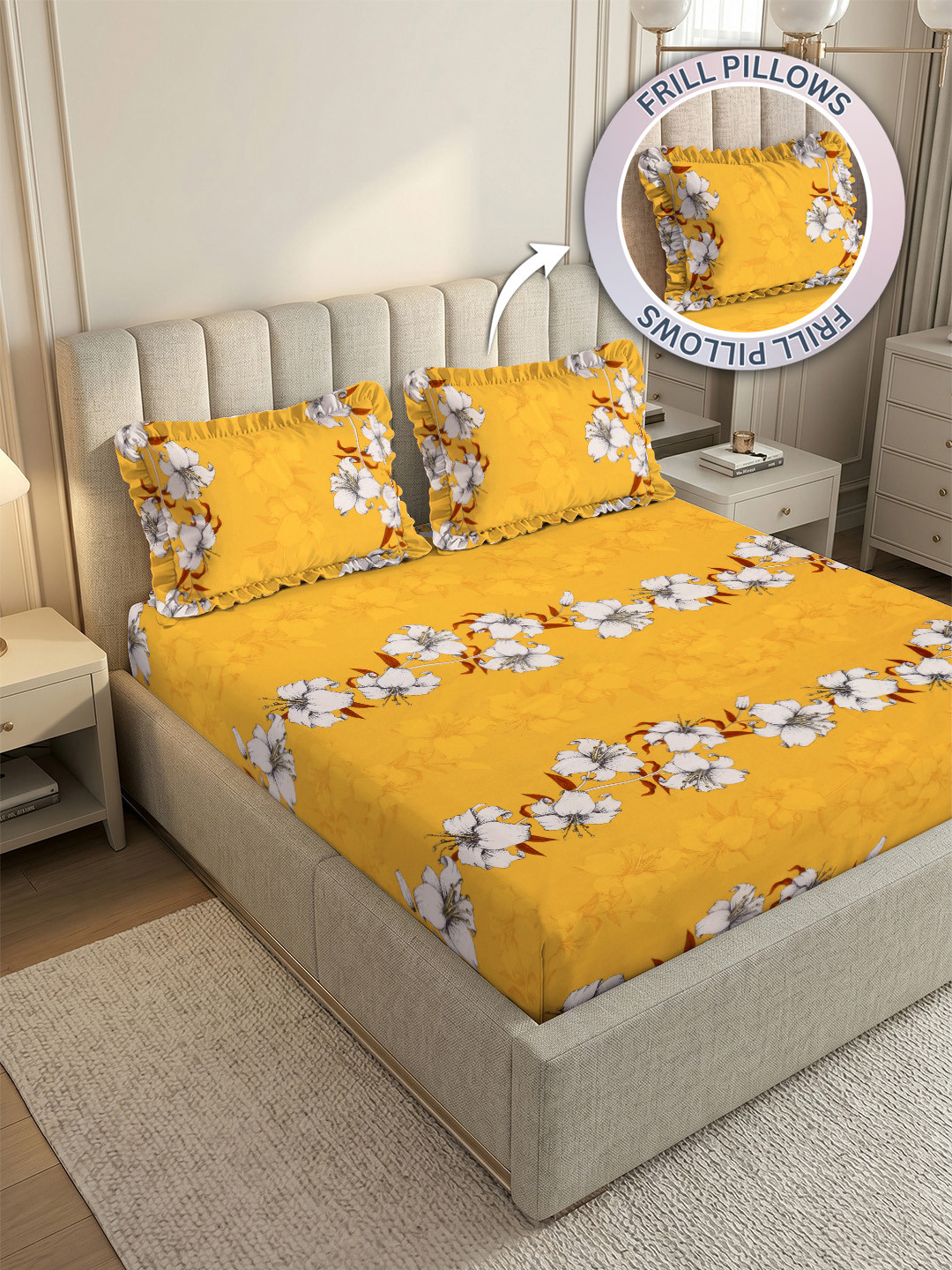 Myntra Elegant Homes Yellow Floral TC King Size Bedsheet With 2 Frilled Pillow Covers