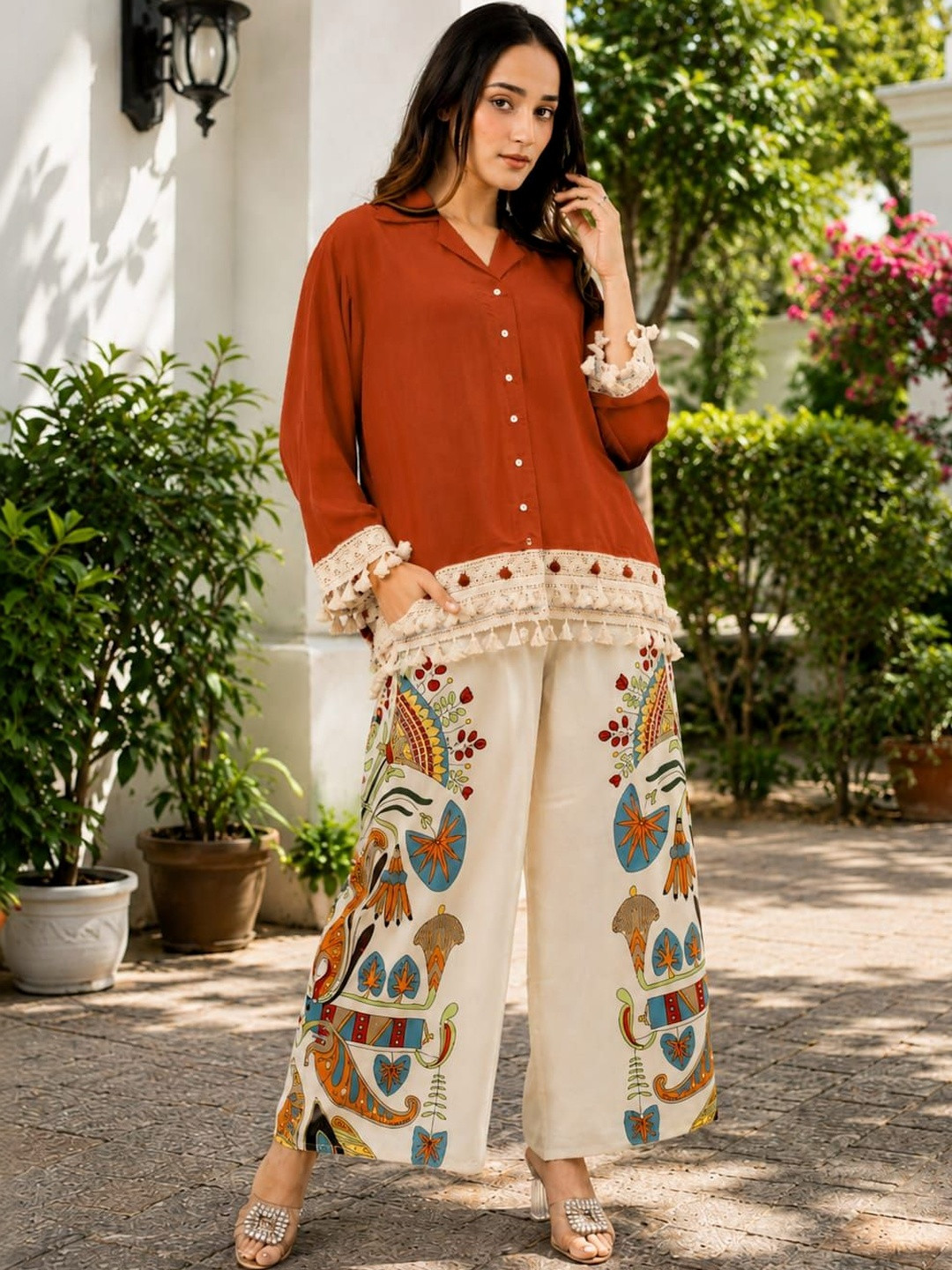 ROZLAND Ethnic Motifs Colourblocked Fringed A-Line Dress