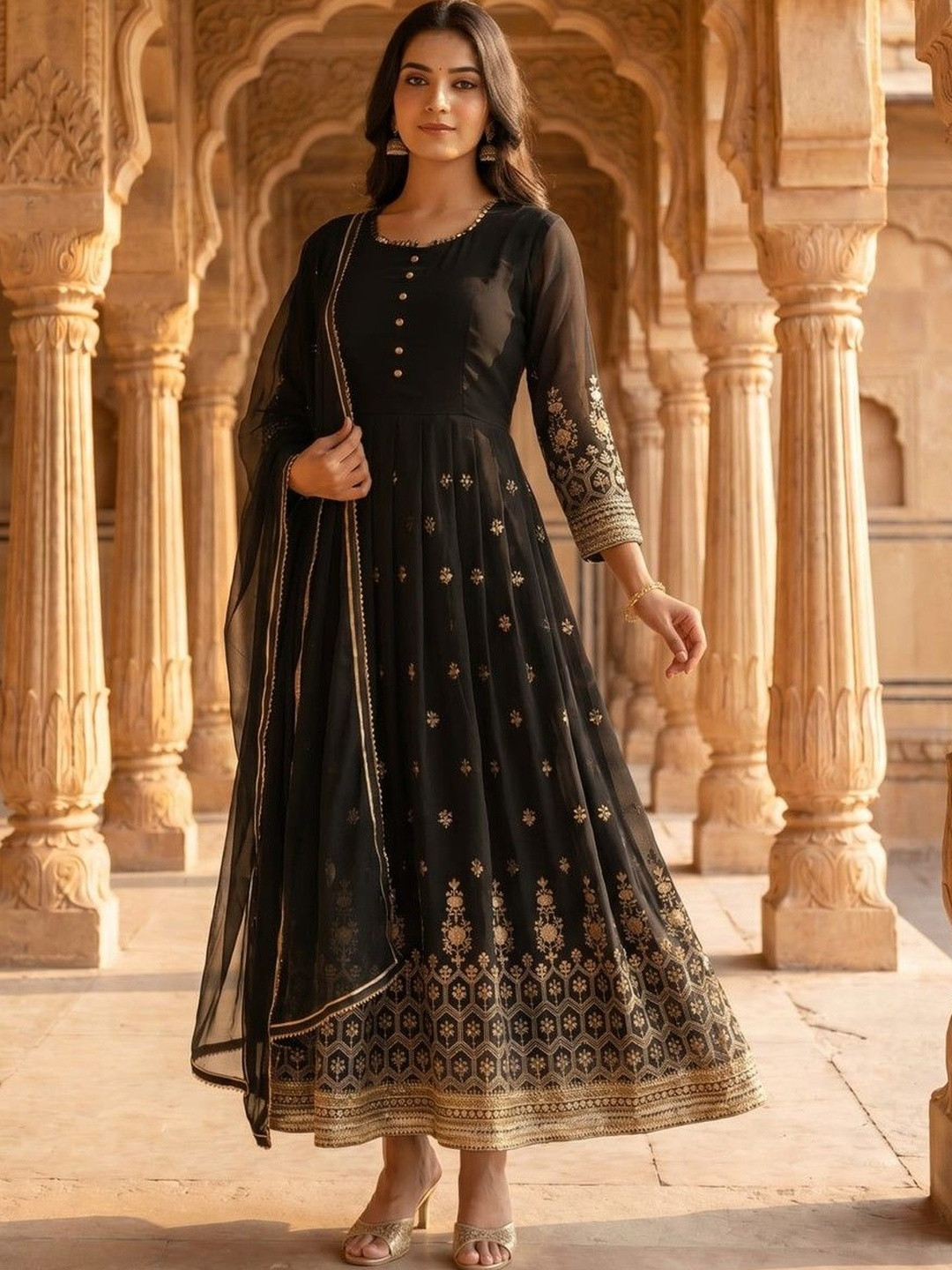 MISKI Ethnic Motifs Embroidered A-Line Maxi Dress