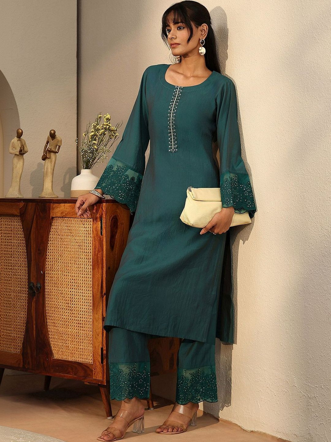 Libas Teal Blue Silk Blend Straight Kurta Set