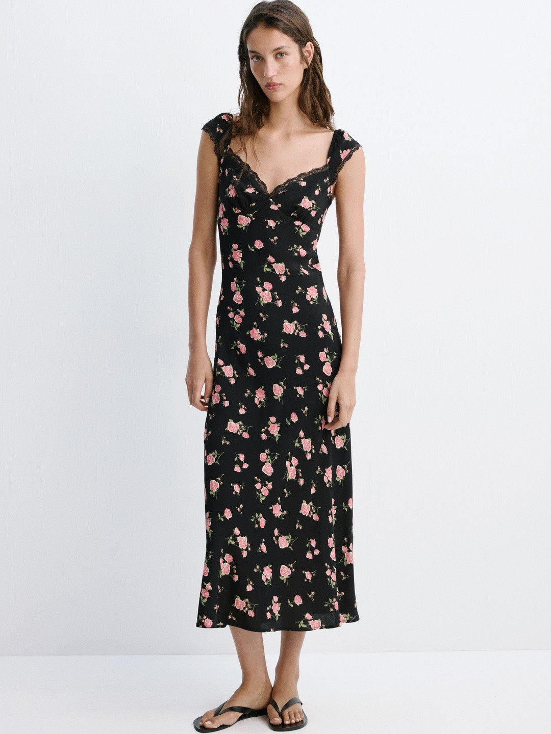 MANGO Floral Print A-Line Midi Dress