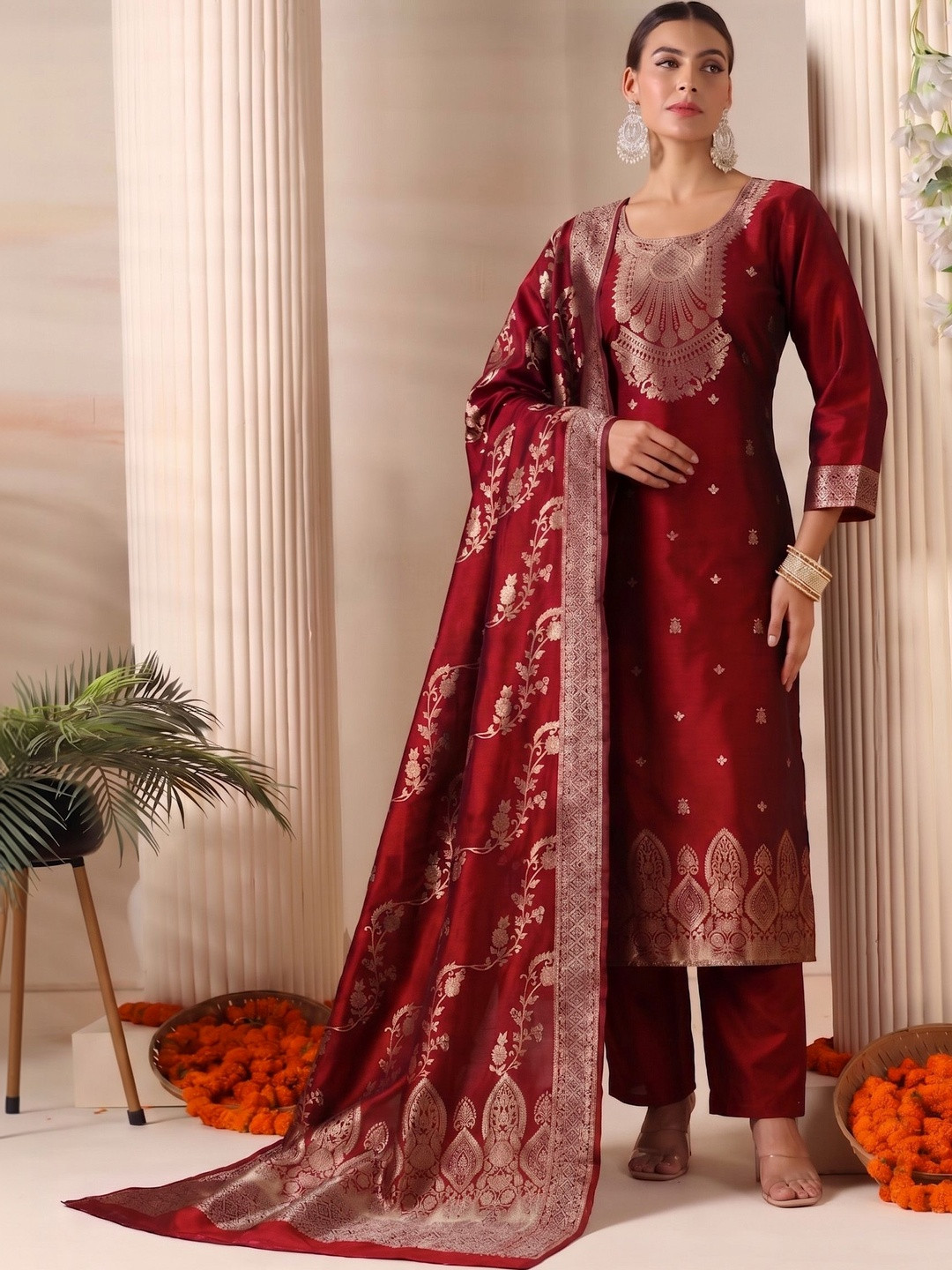 CROSET FASHION Women Ethnic Motifs Regular Pure Silk Kurta with Trousers & With Dupatta