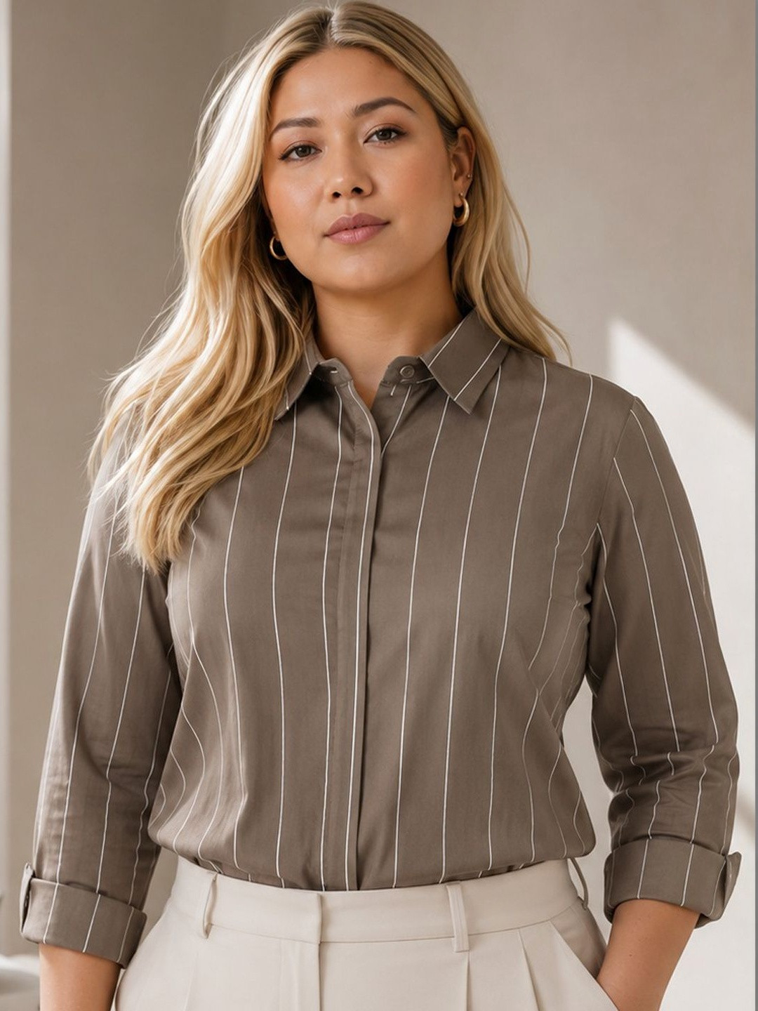 Hancock Women Plus Size New Striped Pure Cotton Formal Shirt