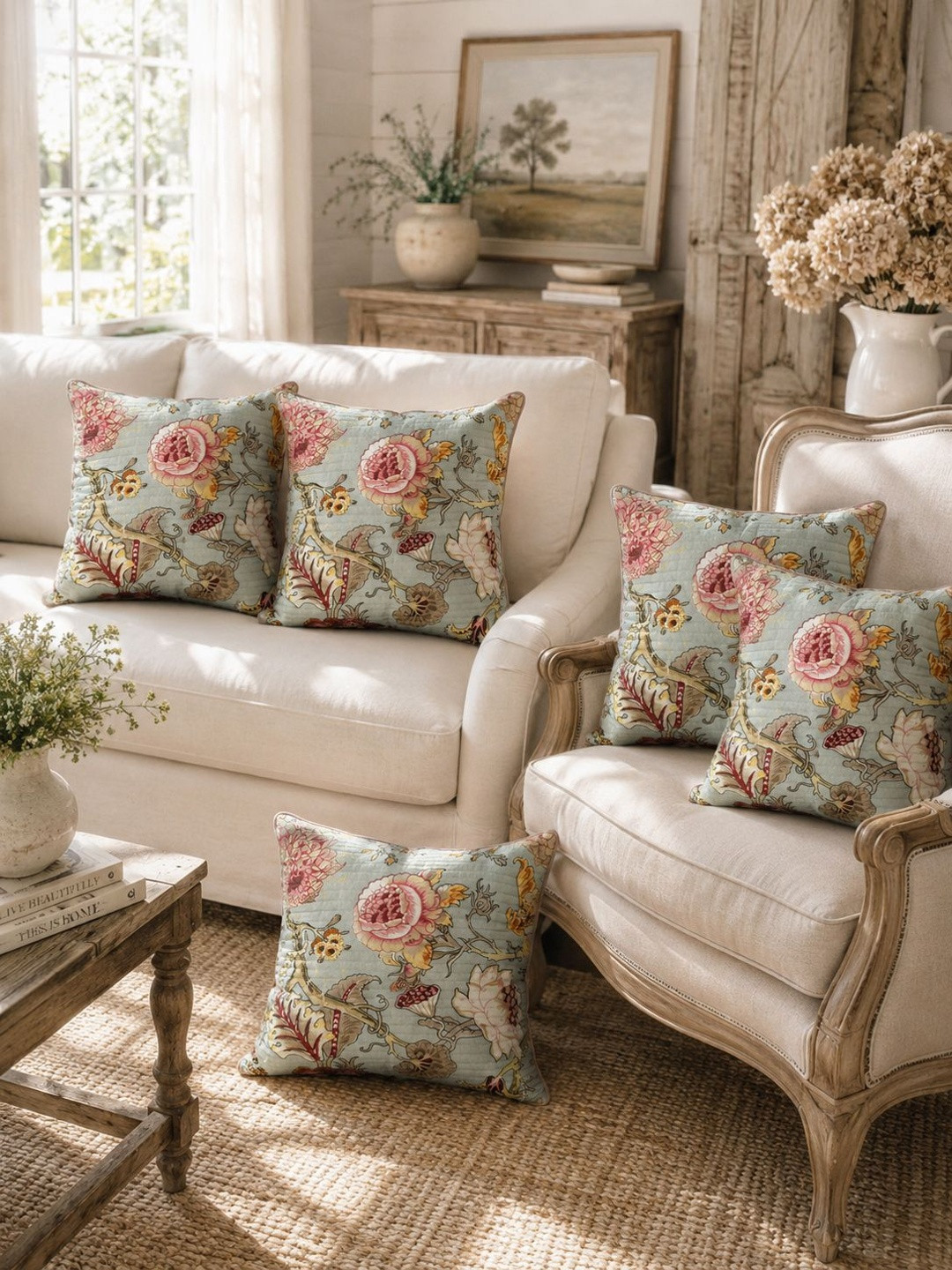 Clasiko Grey & Pink 5 Pcs Ethnic Motifs Square Cushion Covers