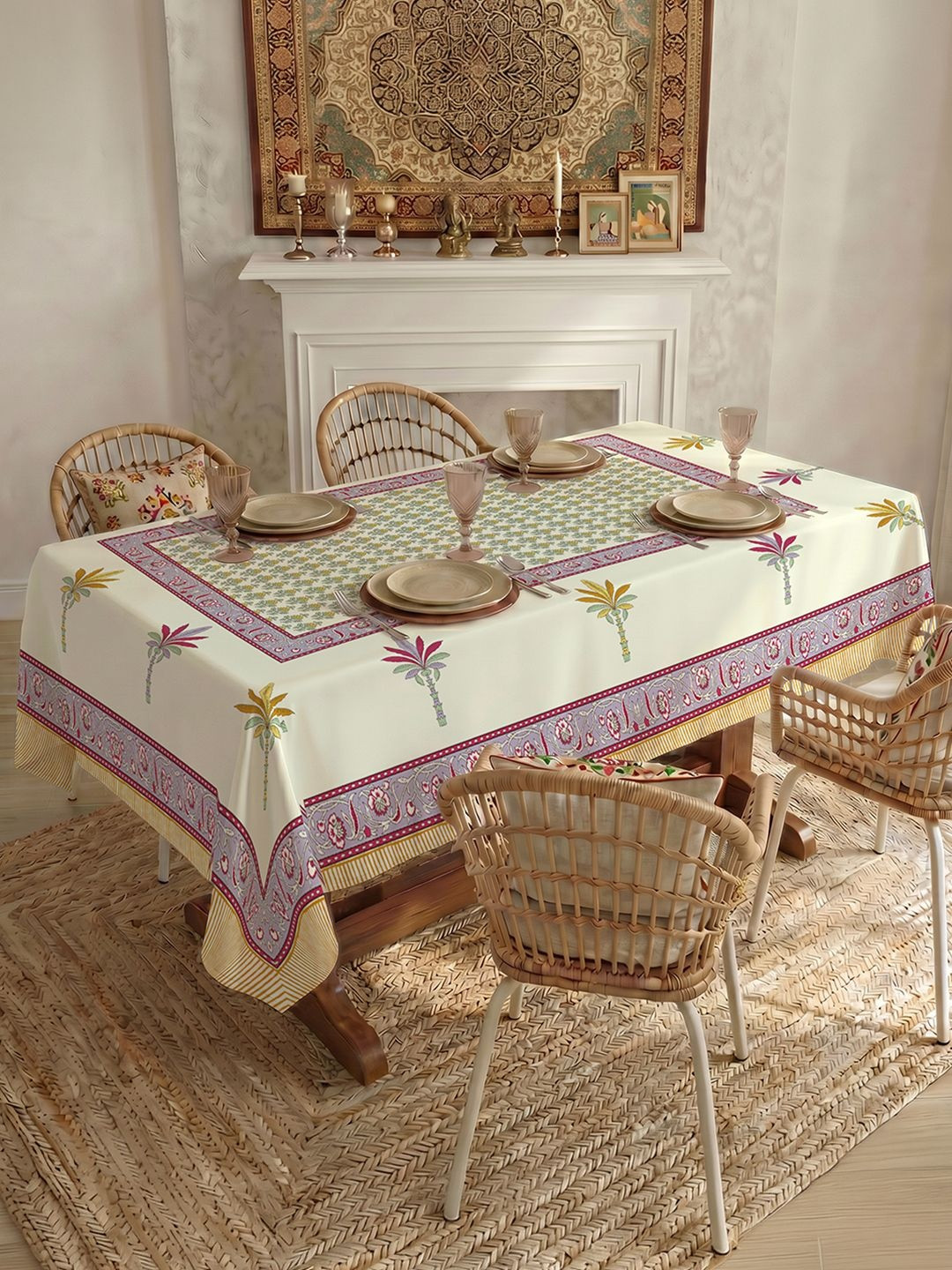 URBAN SPACE Cream-Coloured Floral Anti-Skid Cotton 6-Seater Table Cover with Textured details