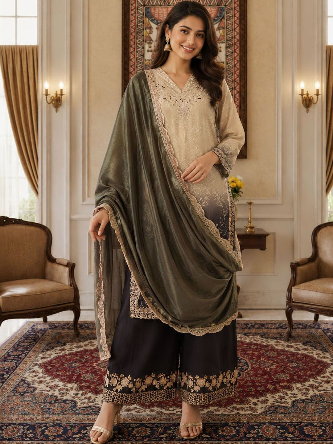 House of Pataudi Women Ombre Dyed Regular Thread Work Pure Silk Kurta with Palazzos & With Dupatta