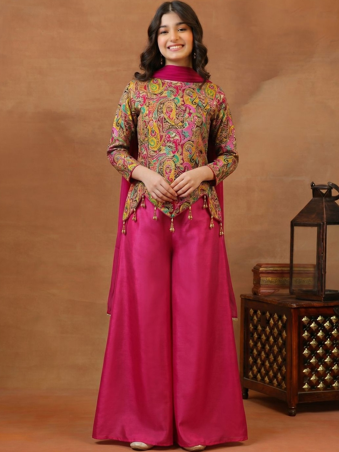 Inddus Girls Paisley Printed Zari and Sequinned Embroidered Top & Palazzo With Dupatta