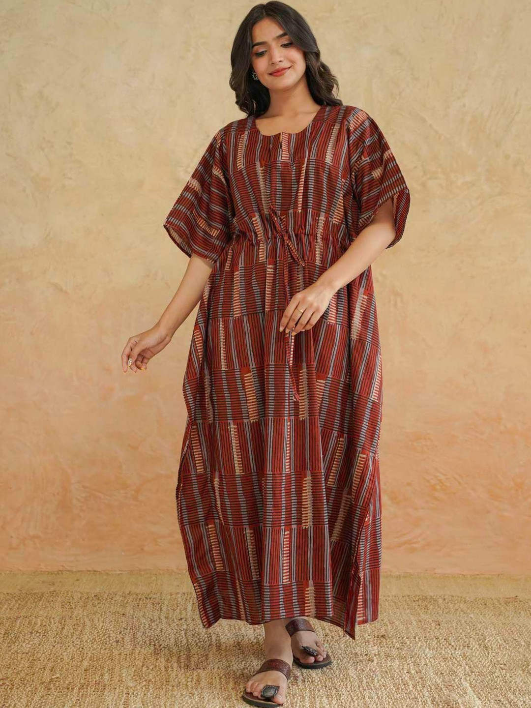 GOODHAND Print Kimono Sleeve Kaftan Maxi Dress